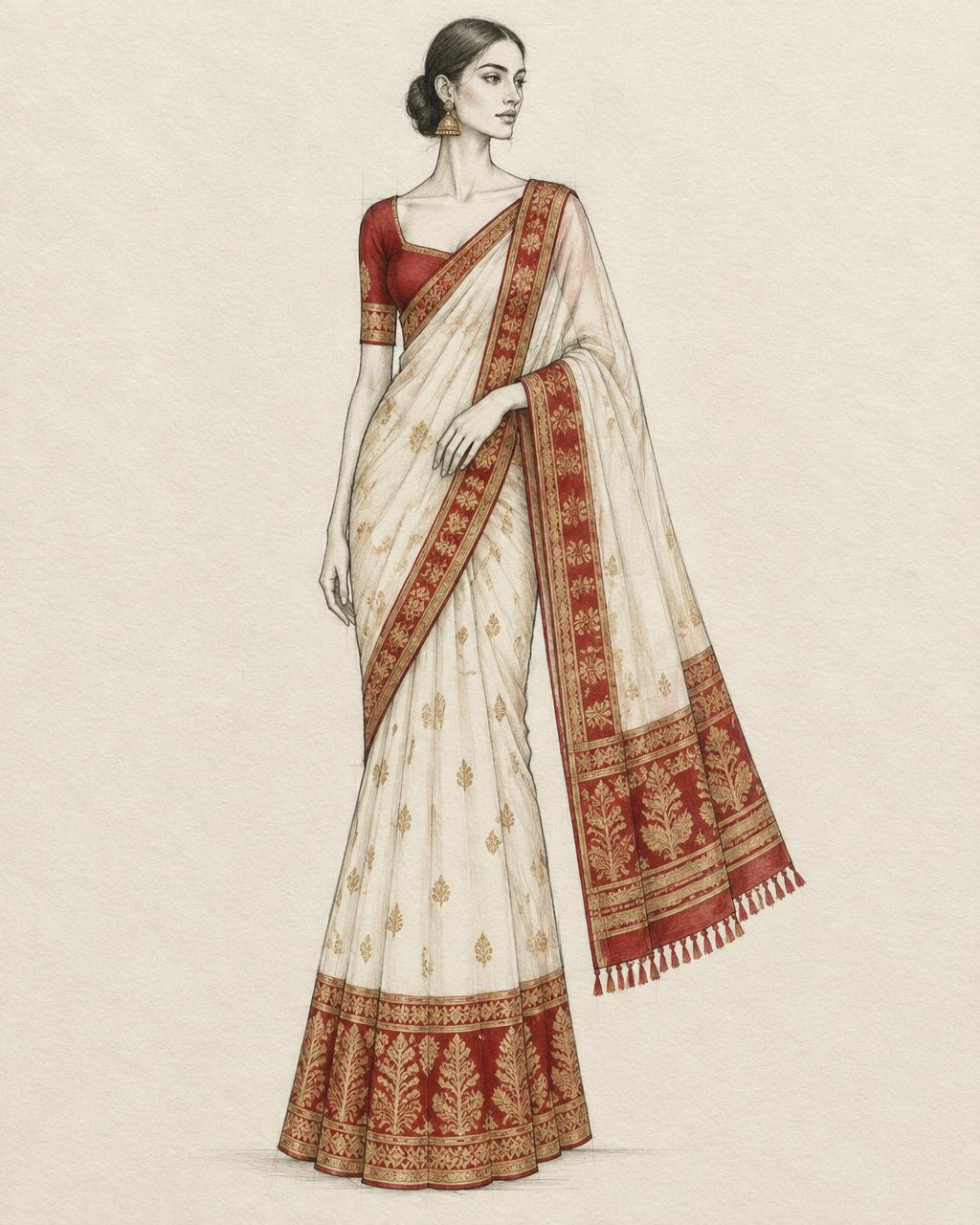Illustrative fashion sketch exploring silk colours, motifs and draping