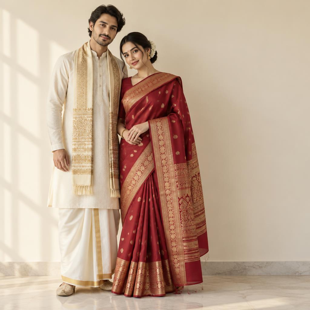 An Assamese couple standing close together, her crimson mekhela sador and his ivory silk kurta with a gold-brocade stole shown head to hem