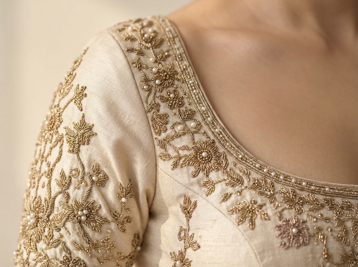 Close view of antique-gold zardozi floral embroidery, metallic threads and pearls on the same ivory silk blouse